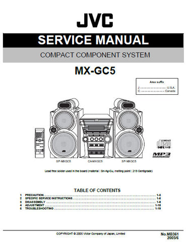 JVC MX-GC5 COMPACT COMPONENT SYSTEM SERVICE MANUAL INC BLK DIAG PCBS SCHEM DIAGS AND PARTS LIST 65 PAGES ENG