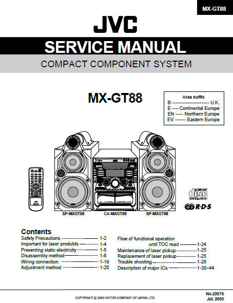 JVC MX-GT88 COMPACT COMPONENT SYSTEM SERVICE MANUAL INC BLK DIAG PCBS SCHEM DIAGS AND PARTS LIST 85 PAGES ENG