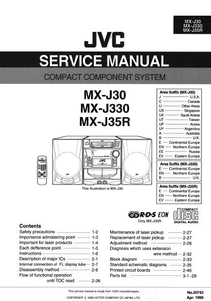 JVC MX-J30 MX-J330 MX-J35R COMPACT COMPONENT SYSTEM SERVICE MANUAL INC BLK DIAG PCBS SCHEM DIAGS AND PARTS LIST 122 PAGES ENG