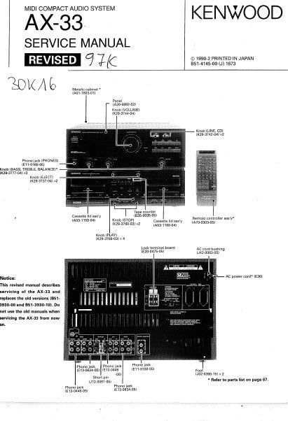 KENWOOD AX-33 MIDI COMPACT AUDIO SYSTEM SERVICE MANUAL INC BLK DIAG PCBS AND SCHEM DIAG 28 PAGES ENG