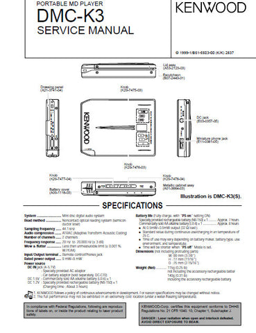 KENWOOD DMC-K3 PORTABLE MD PLAYER SERVICE MANUAL INC PCBS SCHEM DIAG AND PARTS LIST 17 PAGES ENG