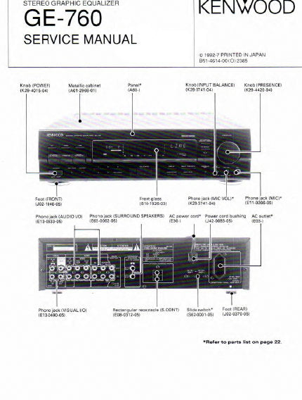 KENWOOD GE-760 STEREO GRAPHIC EQUALIZER SERVICE MANUAL INC BLK DIAG PCBS SCHEM DIAGS AND PARTS LIST 22 PAGES ENG