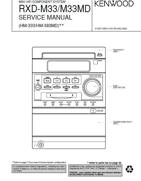 KENWOOD HM-333 HM-383MD RXD-M33 RXD-M33MD MINI HIFI COMPONENT SYSTEM SERVICE MANUAL INC BLK DIAG PCBS SCHEM DIAGS AND PARTS LIST 42 PAGES ENG