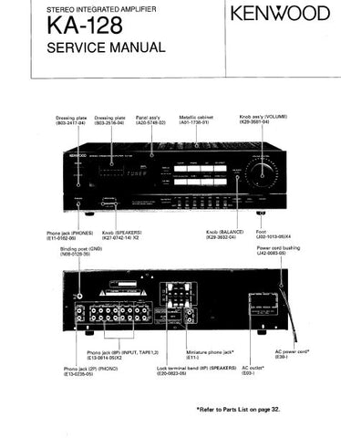 KENWOOD KA-128 STEREO INTEGRATED AMPLIFIER SERVICE MANUAL INC BLK DIAG PCBS SCHEM DIAGS AND PARTS LIST 36 PAGES ENG