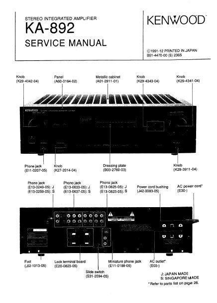 KENWOOD KA-892 STEREO INTEGRATED AMPLIFIER SERVICE MANUAL INC BLK DIAG, PCBS, WIRING DIAG, SCHEM DIAGS, AND PARTS LIST 30 PAGES ENG