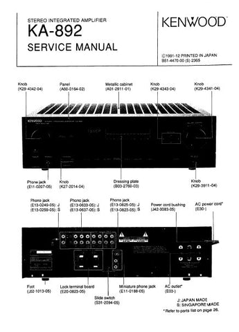 KENWOOD KA-892 STEREO INTEGRATED AMPLIFIER SERVICE MANUAL INC BLK DIAG, PCBS, WIRING DIAG, SCHEM DIAGS, AND PARTS LIST 30 PAGES ENG