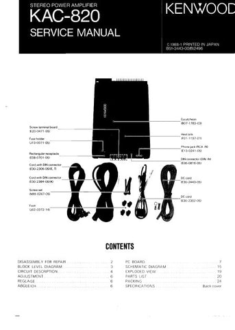 KENWOOD KAC-820 STEREO POWER AMPLIFIER SERVICE MANUAL INC BLK DIAG PCBS SCHEM DIAGS AND PARTS LIST 17 PAGES ENG