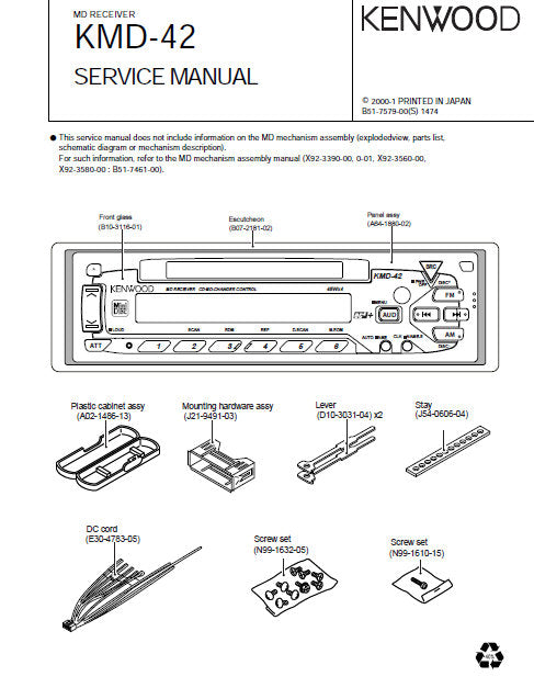 KENWOOD KMD-42 MD RECEIVER SERVICE MANUAL INC BLK DIAG PCBS SCHEM DIAG AND PARTS LIST 17 PAGES ENG