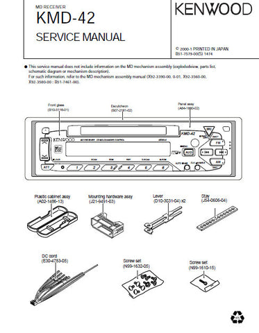 KENWOOD KMD-42 MD RECEIVER SERVICE MANUAL INC BLK DIAG PCBS SCHEM DIAG AND PARTS LIST 17 PAGES ENG