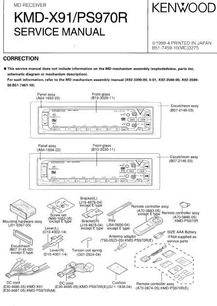 KENWOOD KMD-X91 PS970R MD RECEIVER SERVICE MANUAL INC BLK DIAG SCHEM DIAG AND PARTS LIST 23 PAGES ENG