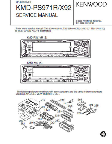 KENWOOD KMD-X92 KMD-PS971R MD RECEIVER SERVICE MANUAL INC BLK DIAG PCBS SCHEM DIAG AND PARTS LIST 23 PAGES ENG