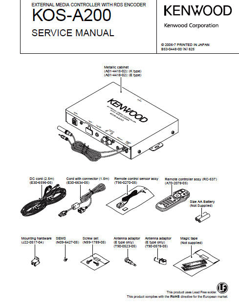 KENWOOD KOS-A200 EXTERNAL MEDIA CONTROLLER WITH RDS ENCODER SERVICE MANUAL INC BLK DIAG PCBS SCHEM DIAG AND PARTS LIST 26 PAGES ENG