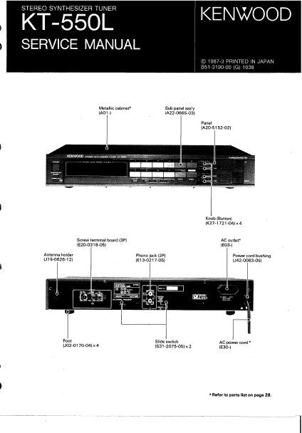 KENWOOD KT-550L STEREO SYNTHESIZER TUNER SERVICE MANUAL INC BLK DIAG PCBS SCHEM DIAG AND PARTS LIST 21 PAGES ENG