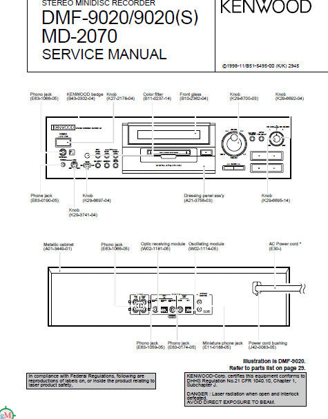 KENWOOD MD-2070 DMF-9020 DMF-9020(S) STEREO MINIDISC RECORDER SERVICE MANUAL INC BLK DIAG PCBS SCHEM DIAG AND PARTS LIST 29 PAGES ENG