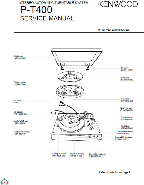 KENWOOD PT-400 STEREO AUTOMATIC TURNTABLE SYSTEM SERVICE MANUAL INC BLK PCBS SCHEM DIAG AND PARTS LIST 8 PAGES ENG