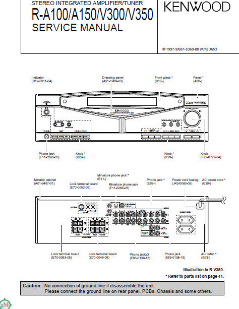 KENWOOD R-A100 R-A150 R-AV300 R-AV350 STEREO INTEGRATED AMPLIFIER TUNER SERVICE MANUAL INC PCBS SCHEM DIAGS AND PARTS LIST 44 PAGES ENG