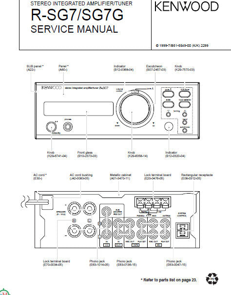 KENWOOD R-SG7 R-SG7G STEREO INTEGRATED AMPLIFIER TUNER SERVICE MANUAL INC PCBS SCHEM DIAG AND PARTS LIST 25 PAGES ENG