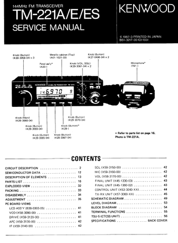 KENWOOD TM-221A TM-221E TM-221ES 144 MHz FM TRANSCEIVER SERVICE MANUAL INC BLK DIAG LEVEL DIAG PCBS SCHEM DIAG AND PARTS LIST 58 PAGES ENG
