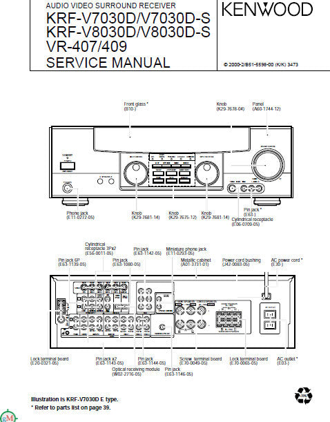 KENWOOD VR-407 VR-409 KRF-V7030D KRF-V7030D-S KRF-V8030D KRF-V8030D-S AV SURROUND RECEIVER SERVICE MANUAL INC BLK DIAG PCBS SCHEM DIAGS AND PARTS LIST 40 PAGES ENG