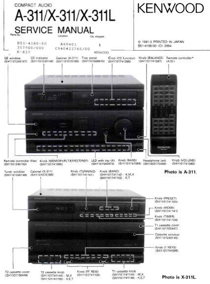 KENWOOD X-311 X-311L A-311 COMPACT AUDIO SERVICE MANUAL INC BLK DIAGS PCBS SCHEM DIAGS AND PARTS LIST 40 PAGES ENG