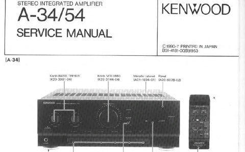 KENWOOD A-34 A-54 STEREO INTEGRATED AMPLIFIER SERVICE MANUAL INC WIRING DIAG PCB'S SCHEM DIAG AND PARTS LIST 25 PAGES ENG