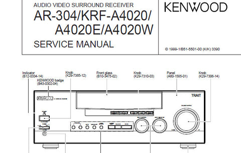 KENWOOD A-4020 A-4020E A-402W AR-304 AV SURROUND RECEIVER SERVICE MANUAL INC CONN DIAGS BLK DIAG WIRING DIAG PCB'S SCHEM DIAGS AND PARTS LIST 24 PAGES ENG