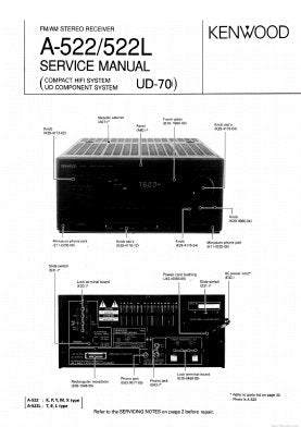 KENWOOD A-522 A-522L FM AM STEREO RECEIVER SERVICE MANUAL INC BLK DIAG WIRING DIAG PCBS SCHEM DIAG AND PARTS LIST 32 PAGES ENG