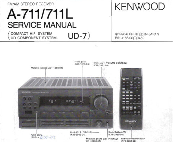 KENWOOD A-711 A-711L FM AM STEREO RECEIVER SERVICE MANUAL INC CONN DIAG BLK DIAGS PCB'S SCHEM DIAGS AND PARTS LIST 40 PAGES ENG