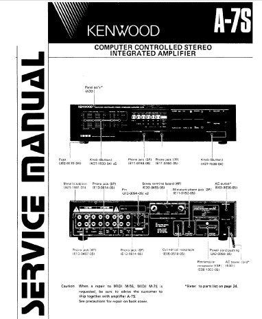 KENWOOD A-7S COMPUTER CONTROLLED STEREO INTEGRATED AMPLIFIER SERVICE MANUAL INC BLK DIAGS PCB'S SCHEM DIAG AND PARTS LIST 20 PAGES ENG