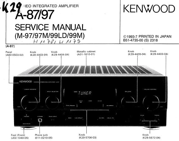 KENWOOD A-87 A-97 STEREO INTEGRATED AMPLIFIER SERVICE MANUAL INC BLK DIAG WIRING DIAG PCB'S SCHEM DIAGS AND PARTS LIST 18 PAGES ENG
