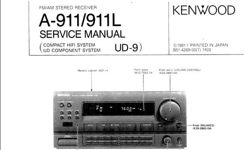 KENWOOD A-911 A-911L STEREO RECEIVER SERVICE MANUAL INC CONN DIAG BLK DIAG WIRING DIAG PCB'S SCHEM DIAGS AND PARTS LIST 28 PAGES ENG