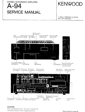 KENWOOD A-94 STEREO INTEGRATED AMPLIFIER SERVICE MANUAL INC BLK DIAGS WIRING DIAG PCB'S SCHEM DIAGS AND PARTS LIST 18 PAGES ENG
