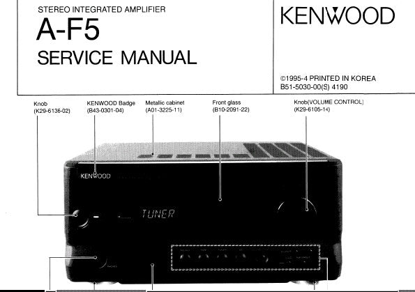 KENWOOD A-F5 STEREO INTEGRATED AMPLIFIER SERVICE MANUAL INC BLK DIAG WIRING DIAG PCB'S SCHEM DIAGS AND PARTS LIST 22 PAGES ENG