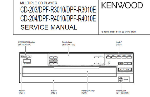 KENWOOD CD-203 CD-204 DPF-R3010 DPF-3010E DPF-4010 DPF-4010E MULTIPLE CD PLAYER SERVICE MANUAL INC PCBS SCHEM DIAG AND PARTS LIST 17 PAGES ENG
