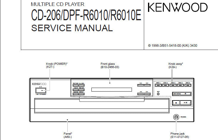 KENWOOD CD-206 DPF-R6010 DPF-R6010E MULTIPLE CD PLAYER SERVICE MANUAL INC PCBS SCHEM DIAG AND PARTS LIST 18 PAGES ENG