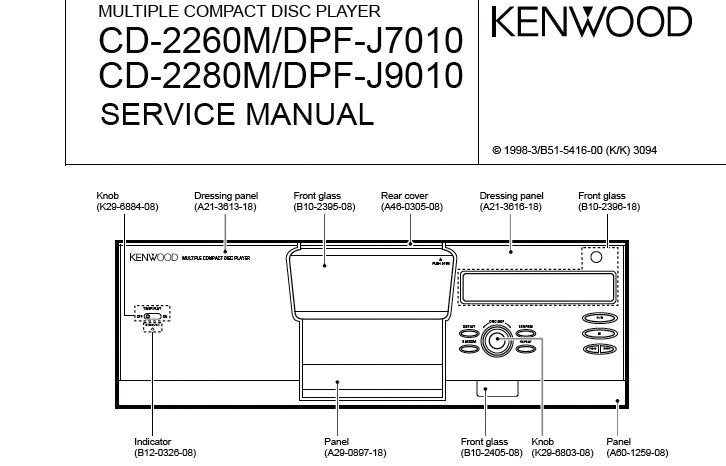 KENWOOD CD-2260M CD-2280M DPF-J7010 DPF-J9010 MULTIPLE CD PLAYER SERVICE MANUAL INC PCBS SCHEM DIAG AND PARTS LIST 28 PAGES ENG