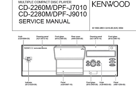 KENWOOD CD-2260M CD-2280M DPF-J7010 DPF-J9010 MULTIPLE CD PLAYER SERVICE MANUAL INC PCBS SCHEM DIAG AND PARTS LIST 28 PAGES ENG