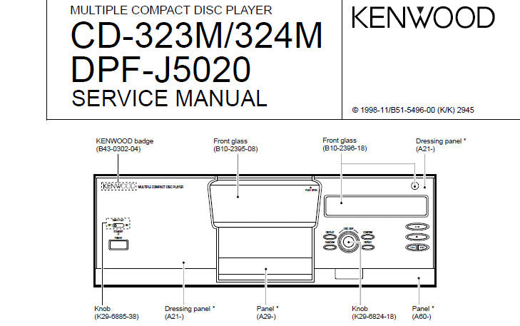 KENWOOD CD-323M CD-324M DPF-J5020 MULTIPLE CD PLAYER SERVICE MANUAL INC PCBS SCHEM DIAG AND PARTS LIST 17 PAGES ENG