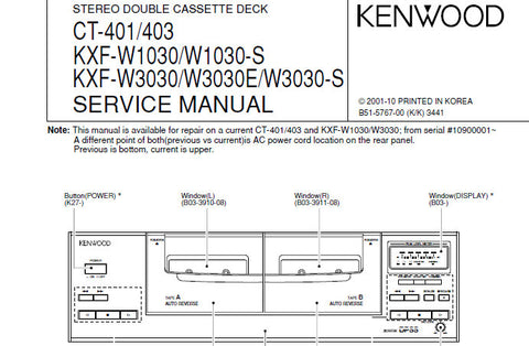 KENWOOD CT-401 CT-403 KXF-W1030 KXF-W1030-S KXF-W3030 KXF-W3030E KXF-W3030-S STEREO DOUBLE CASSETTE DECK SERVICE MANUAL INC CONN DIAGS PCBS SCHEM DIAGS AND PARTS LIST 13 PAGES ENG