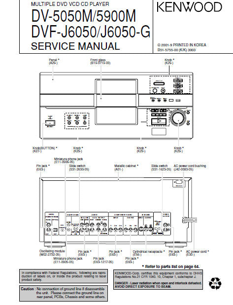 KENWOOD DVF-J6050 DVF-J6050-G DV-5050M DV-5900M MULTIPLE DVD VCD CD PLAYER SERVICE MANUAL INC BLK DIAG PCBS SCHEM DIAGS AND PARTS LIST 84 PAGES ENG