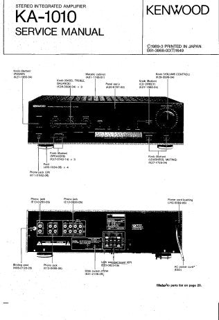 KENWOOD KA-1010 STEREO INTEGRATED AMPLIFIER SERVICE MANUAL INC BLK AND LEVEL DIAG PCBS SCHEM DIAG AND PARTS LIST 24 PAGES ENG