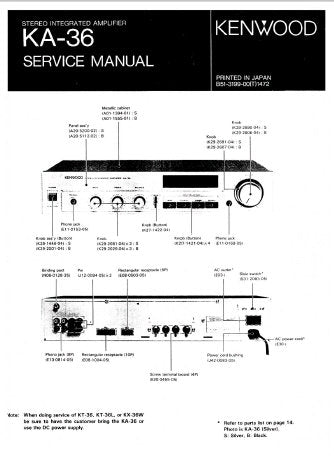 KENWOOD KA-36 STEREO INTEGRATED AMPLIFIER SERVICE MANUAL INC BLK AND LEVEL DIAG PCBS SCHEM DIAG AND PARTS LIST 9 PAGES ENG