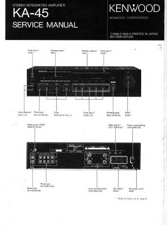 KENWOOD KA-45 STEREO INTEGRATED AMPLIFIER SERVICE MANUAL INC BLK AND LEVEL DIAG PCBS SCHEM DIAG AND PARTS LIST 16 PAGES ENG