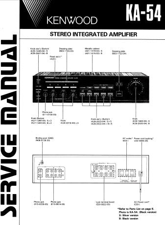 KENWOOD KA-54 STEREO INTEGRATED AMPLIFIER SERVICE MANUAL INC BLK AND LEVEL DIAG PCBS SCHEM DIAG AND PARTS LIST 14 PAGES ENG