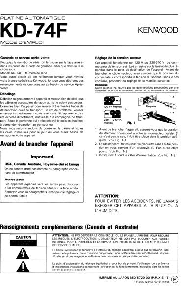 KENWOOD KD-74F PLATINE AUTOMATIQUE MODE D'EMPLOI 6 PAGES FRANC