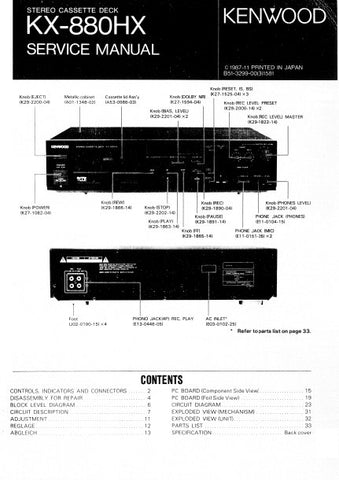 KENWOOD KX-880HX STEREO CASSETTE TAPE DECK SERVICE MANUAL INC BLK DIAG PCBS SCHEM DIAG AND PARTS LIST 21 PAGES ENG