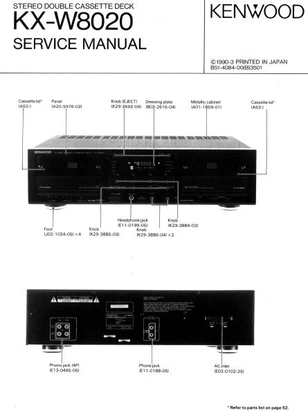 KENWOOD KX-W8020 STEREO DOUBLE CASSETTE TAPE DECK SERVICE MANUAL INC BLK DIAG SCHEM DIAG WIRING DIAG AND PARTS LIST 10 PAGES ENG