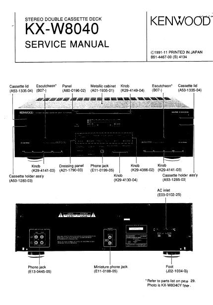 KENWOOD KX-W8040 STEREO DOUBLE CASSETTE TAPE DECK SERVICE MANUAL INC BLK DIAG WIRING DIAG PCBS SCHEM DIAGS AND PARTS LIST 28 PAGES ENG