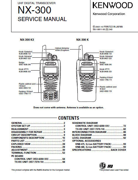 KENWOOD NX-300 UHF DIGITAL TRANSCEIVER SERVICE MANUAL INC BLK DIAGS PCBS SCHEM DIAGS AND PARTS LIST 102 PAGES ENG