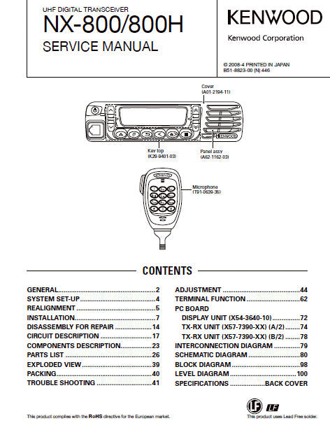 KENWOOD NX-800 NX-800H UHF DIGITAL TRANSCEIVER SERVICE MANUAL INC BLK DIAGS PCBS SCHEM DIAGS AND PARTS LIST 109 PAGES ENG